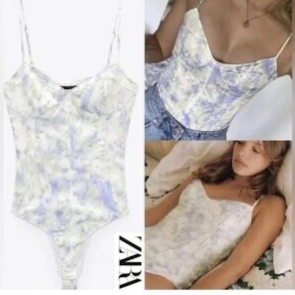 Zara White and Light Purple Floral Bodysuit